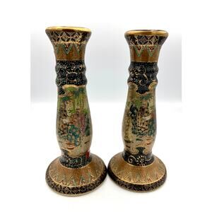 Japanese Satsuma Moriage Candlesticks Pair Crackle Glaze Figural Gold